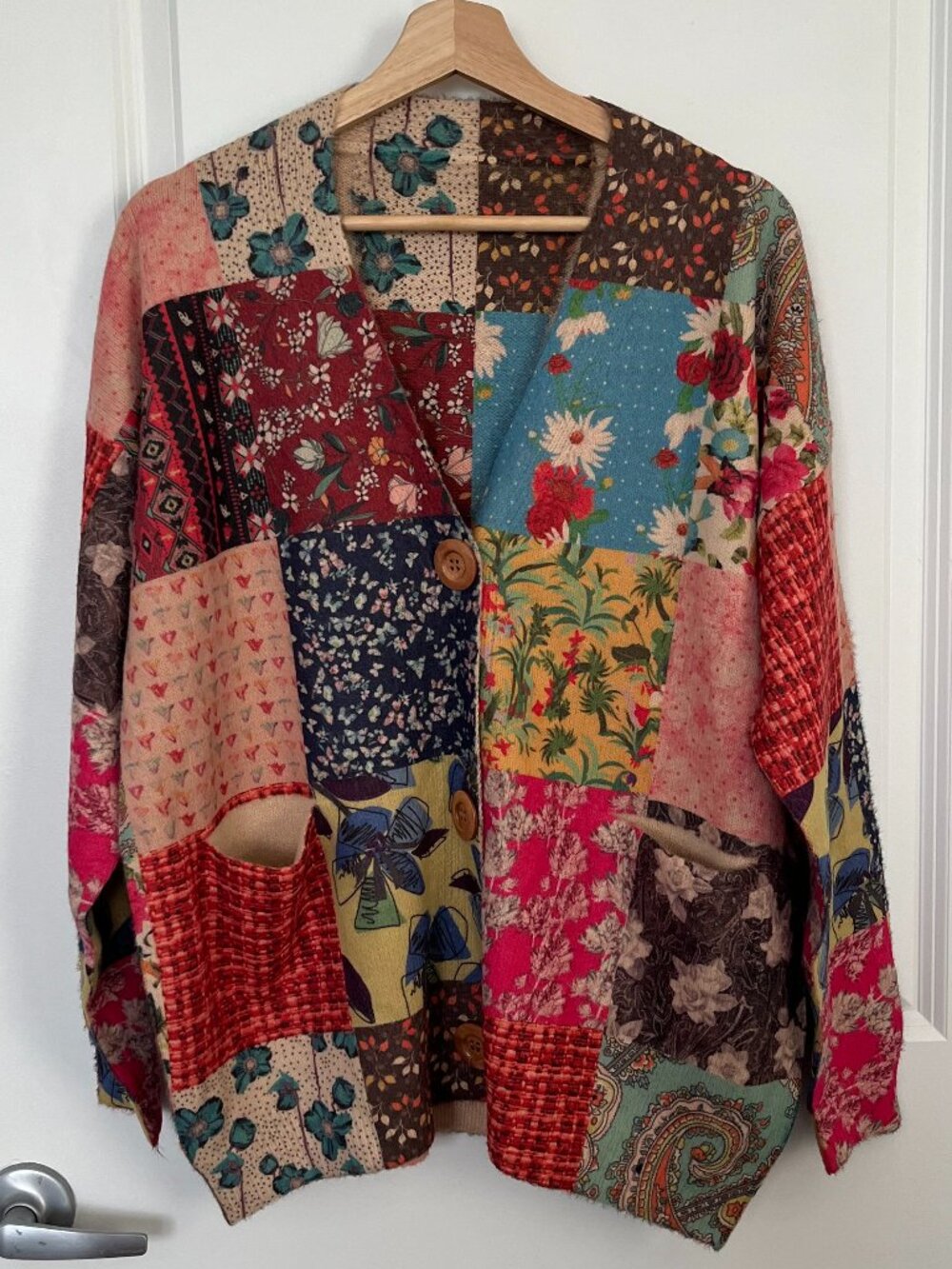 Women's Cardigan Sweater, Multicolor Florals, Wood Buttons, Approx. Size Medium
